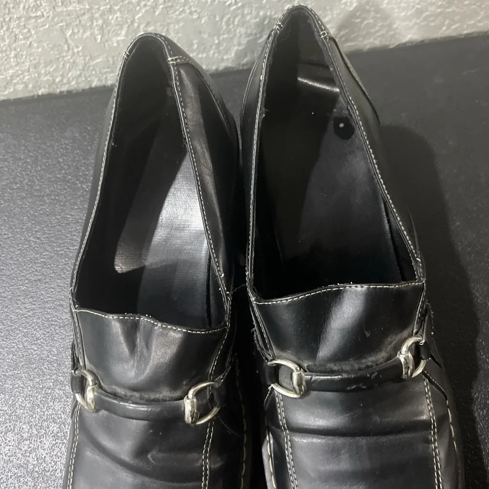 Vtg Y2K Black Platform‎ Chunky Heel Loafers Faux Leather Loafer 90s Sz 10.5 Lug - Picture 4 of 8